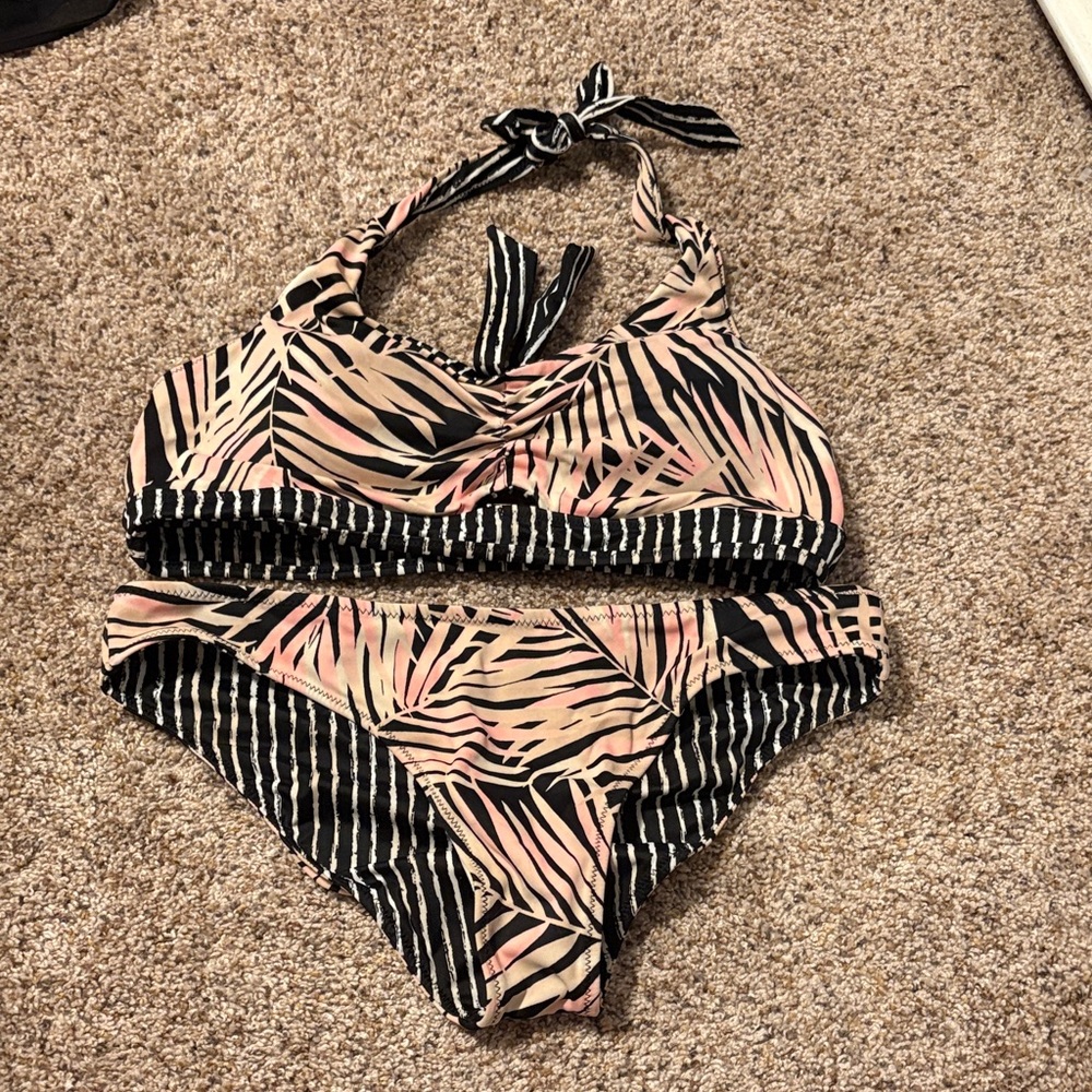 Palm Print Black & Blush Halter Bikini Set